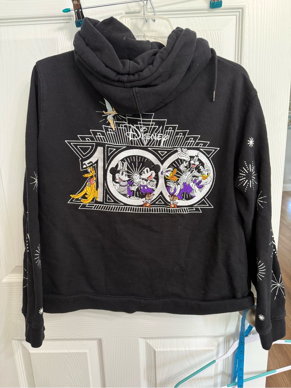 Disney 100 Mickey Mouse & Friends Black Zip Hoodie XL Embroidered Fireworks